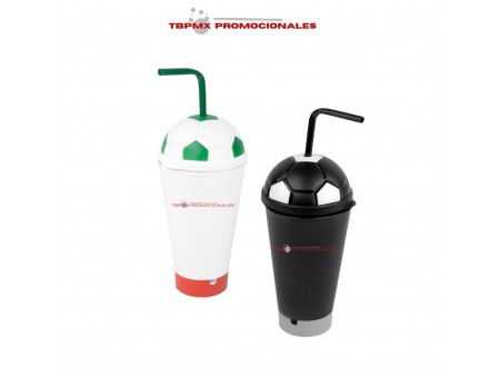 Vaso plastico 600 ml doble pared tapa forma balon soccer con trompeta popote vaso corneta promocional