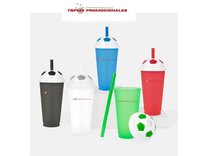 Vaso plastico 800 ml tapa balón soccer popote jass soccer promocional
