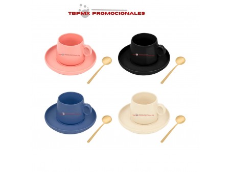 Set de taza ceramica 280 ml con plato cuchara dorada zaphir promocional