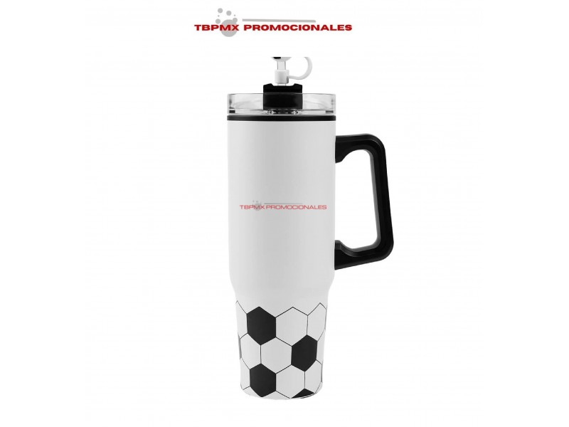 Termo tarro acero inoxidable 850 ml doble pared interno plastico tapa popote forma balon soccer promocional