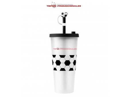 Vaso plástico 680 ml doble pared acabado frosty popote tapón silicon forma balón soccer promocional