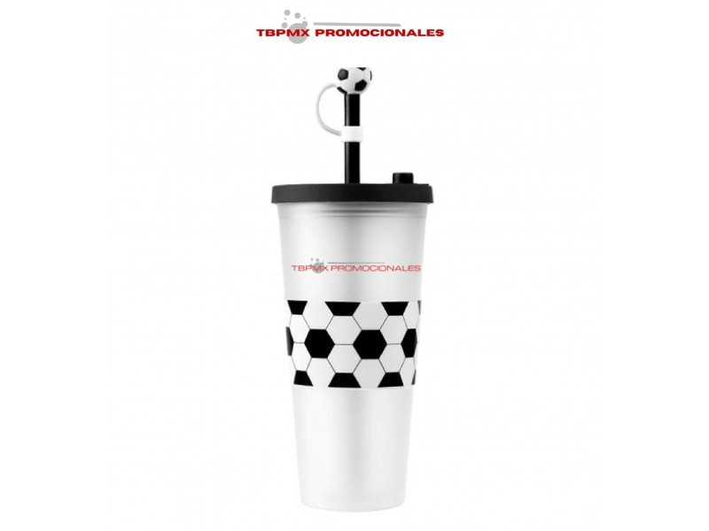 Vaso plástico 680 ml doble pared acabado frosty popote tapón silicon forma balón soccer promocional