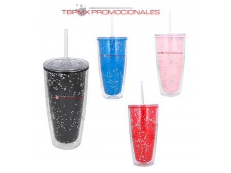 Vaso plastico 750 ml doble pared tapa popote diamantina kieler promocional