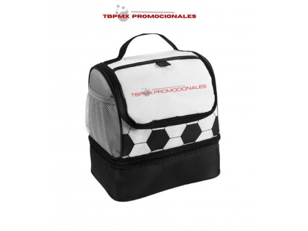 Lonchera termica plastificada doble compartimento forma balón soccer capacidad 9 latas promocional