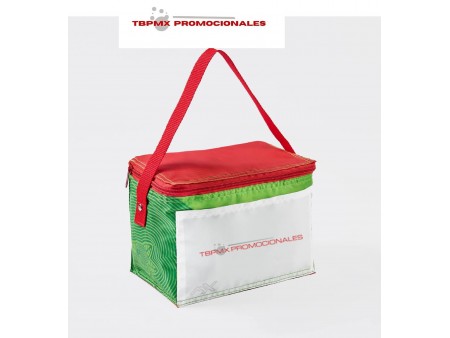 Lonchera plastificada impermeable bolsa frontal tricolor capacidad 6 latas méxico promocional