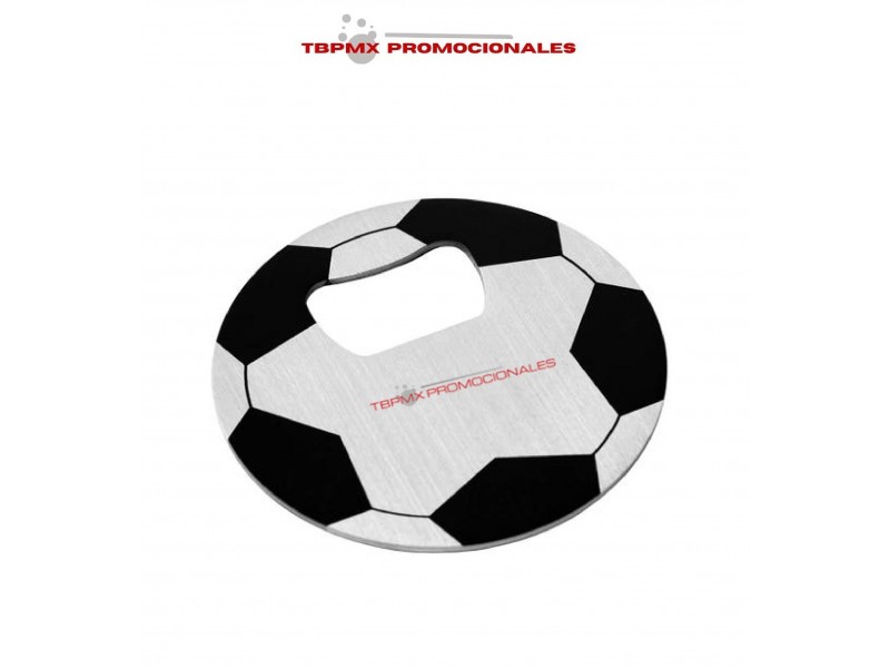 Destapador metalico circular grabado de balón soccer promocional