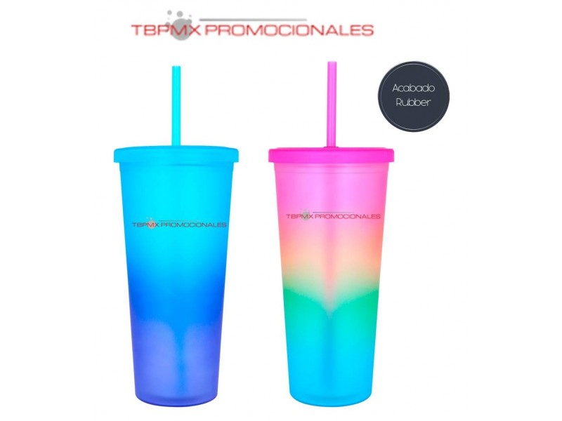 Vaso termico plastico 750 ml doble pared tapa acabado rubber popote arcoiris promocional