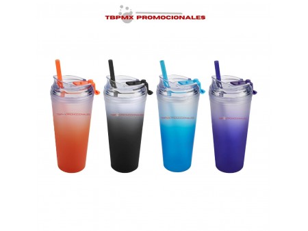 Vaso termico 680 ml doble pared tipo rubber degradado tapa plástico rosca popote iced promocional