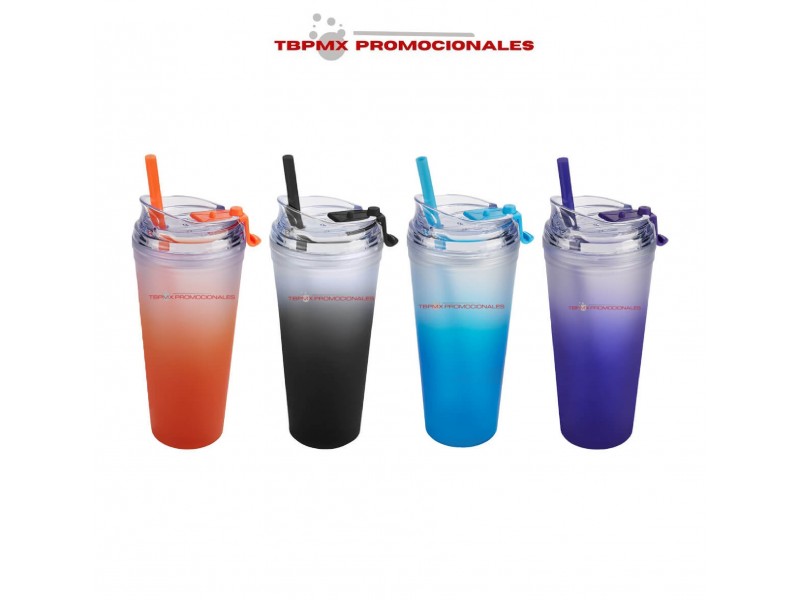 Vaso termico 680 ml doble pared tipo rubber degradado tapa plástico rosca popote iced promocional