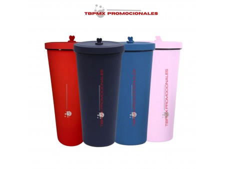 Vaso termico acero inoxidable 710 ml doble pared acabado rubber popote promocional