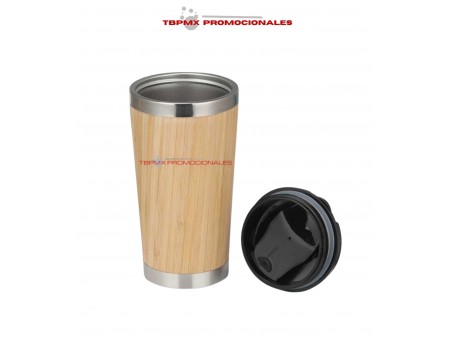 Vaso termico acero inoxidable 450 ml doble pared bambu tapa promocional
