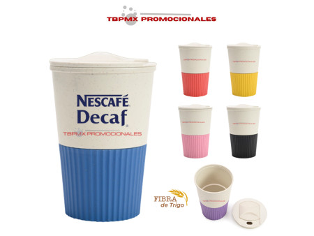 Vaso ecológico fibra de trigo 380 ml tapa rosca manga texturizada coffy promocional