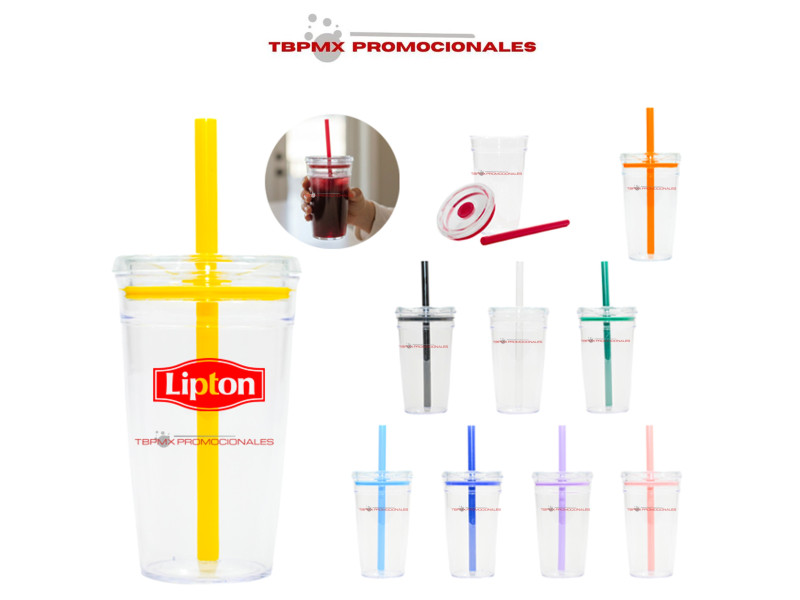 Vaso plástico 450 ml tapa antiderrames sello silicón popote conga promocional