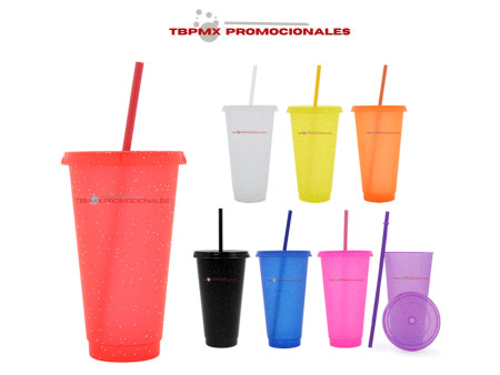 Vaso plástico 750 ml glitter plateado tapa popote glitter promocional