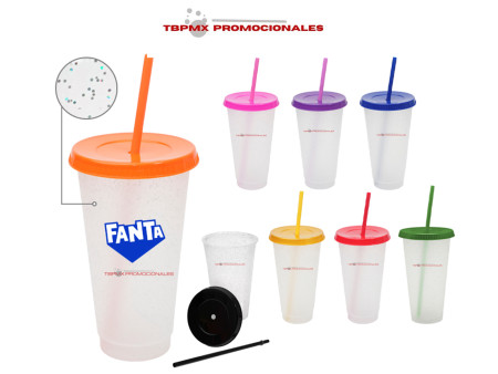 Vaso plástico 750 ml translúcido con glitter tapa popote lib promocional