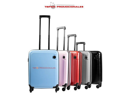 Maleta de viaje plastica con llantas placa metálica para grabado laser trolley klink promocional