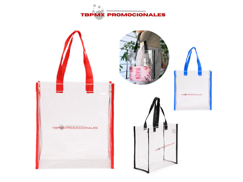 Bolsa plástico pvc transparente con fuelle y asa de color claris promocional