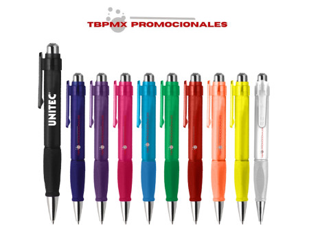 Bolígrafo plástico translúcido goma antideslizante punta cromada click tech promocional