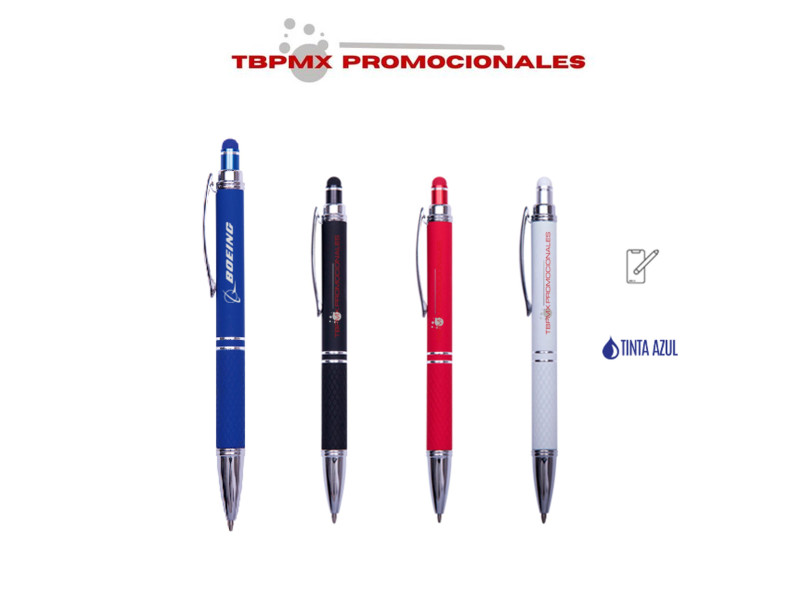 Bolígrafo aluminio tinta azul cuerpo goma punta touch click stevia azul promocional