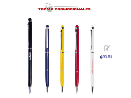 Bolígrafo metálico delgado tinta azul acabado brillante punta touch oddra azul promocional