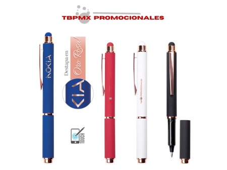 Boligrafo aluminio roller acabado goma  detalla oro rosa punta touch lohan promocional