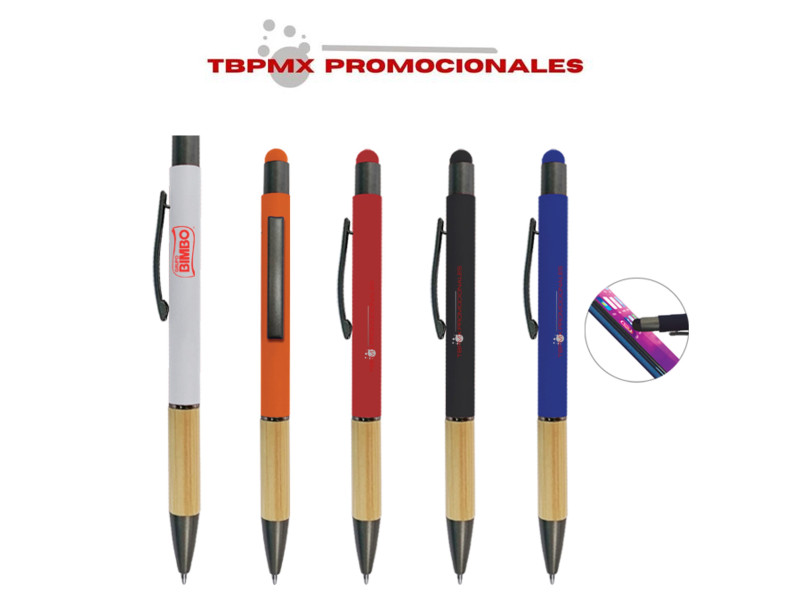 Bolígrafo aluminio punta touch grip bambu clip metal terminado rubber click elebam promocional