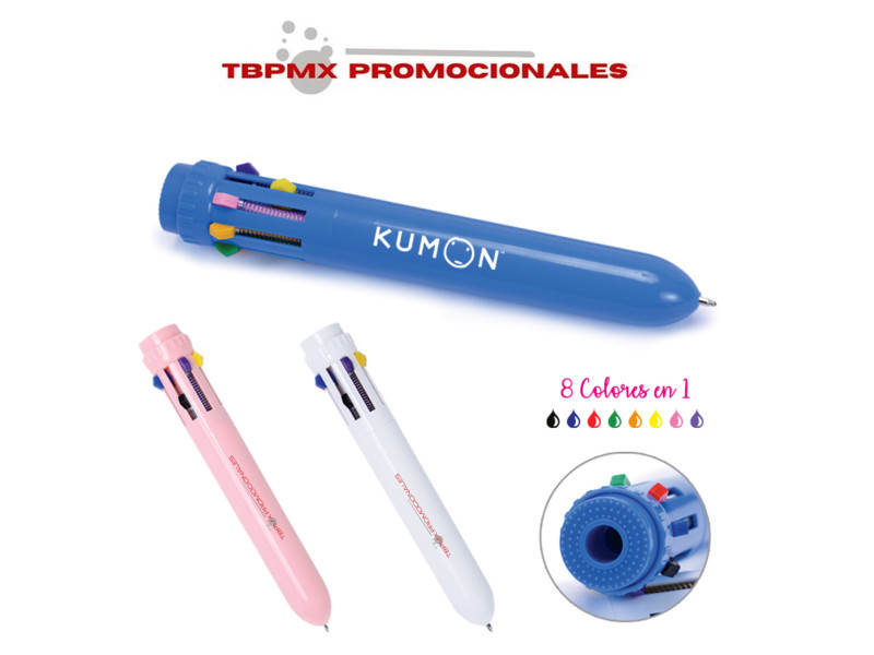 Bolígrafo plástico multi tintas 8 colores arcoiris promocional
