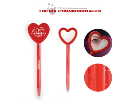 Bolígrafo plástico traslúcido cuerpo glitter forma de corazón con espejo latido promocional