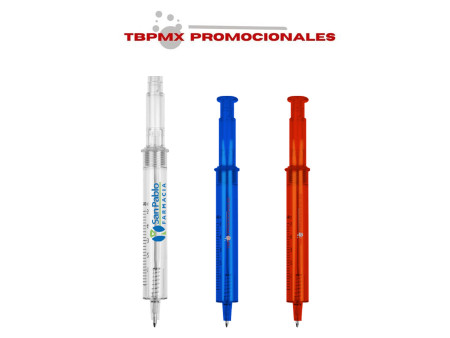 Bolígrafo plástico forma jeringa cuerpo traslúcido click promocional