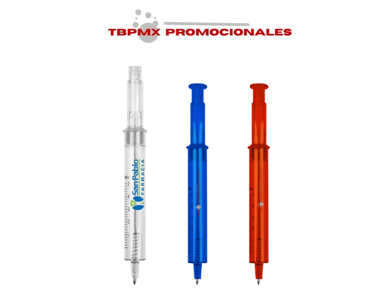Bolígrafo plástico forma jeringa cuerpo traslúcido click promocional