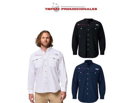 Camisa poliéster manga larga bolsas frontales rejillas de ventilación para caballero bahama men ml columbia promocional