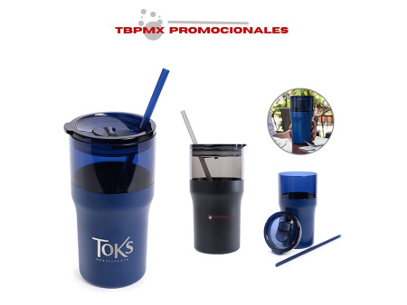 Vaso termico plástico 650 ml interior acero inoxidable tapa presión seguro popote kique promocional