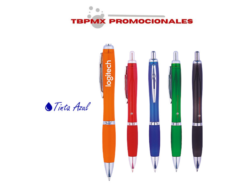 Bolígrafo plástico tinta azul cuerpo traslúcido clip metalico goma antideslizante amira promocional