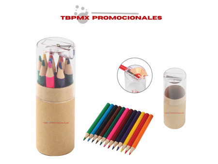 Set ecológico cartón cilindrico 12 colores cortos con sacapuntas super coloreando promocional