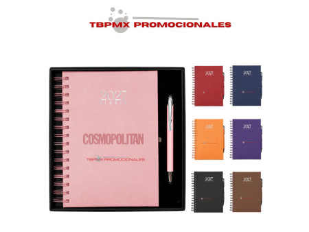 Agenda diaria 2027 pasta rigida poliuretano con arillo boligrafo de aluminio granada promocional