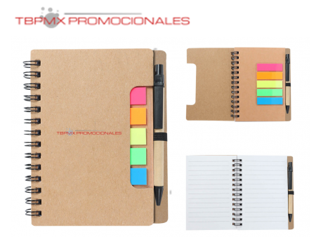 Mini libreta ecologica 70 hojas rayadas espiral bandas adheribles boligrafo lore promocional