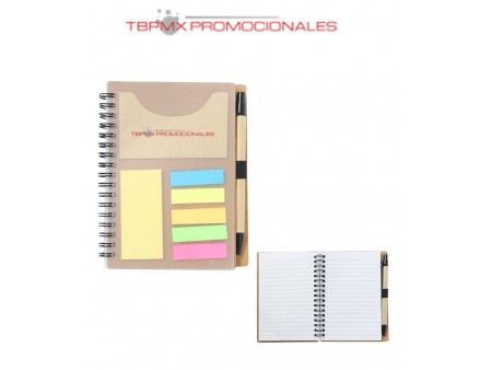 Libreta ecologica carton 70 hojas rayadas espiral plastico protector bandas adheribles boligrafo otza promocional
