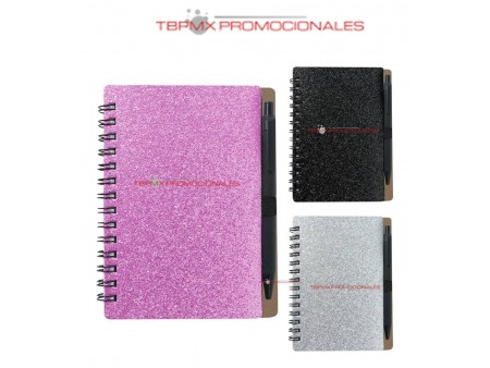 Mini libreta ecologica 70 hojas rayadas espiral purpurina boligrafo jun promocional