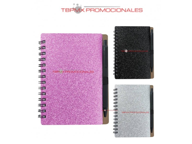 Mini libreta ecologica 70 hojas rayadas espiral purpurina boligrafo jun promocional