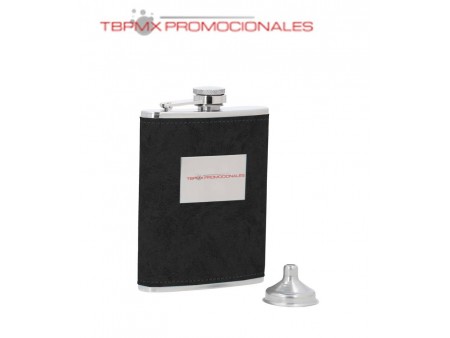 Set licorera curpiel acero inoxidable 8 oz con embudo champ promocional
