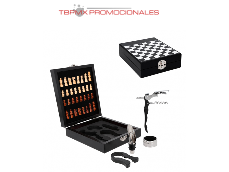 Set de vinos 4 accesorios con ajedrez jaque promocional