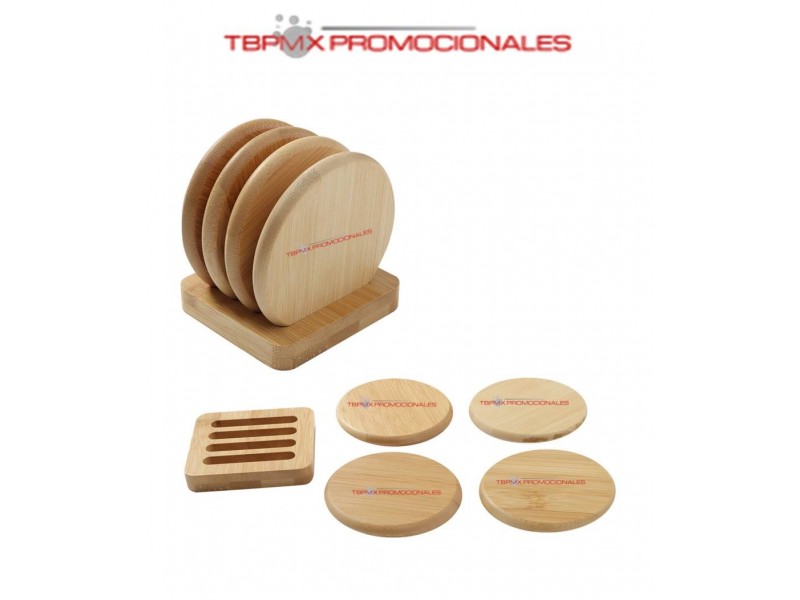 Set 4 porta vasos circulares bambu con base rectangular porso promocional