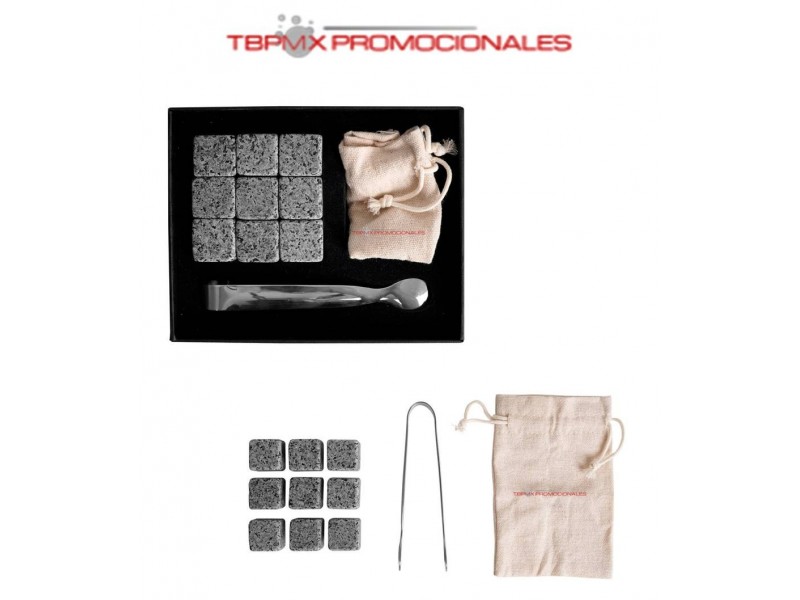 Set 6 hielos piedra natural con pinzas caja y funda jerez promocional