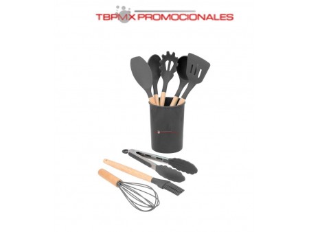 Set de cocina 8 utensilios de silicona antiadherentes y madera gordon promocional