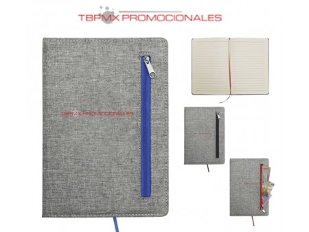 Libreta de tela con bolsa frontal 80 hojas rayadas zipper promocional