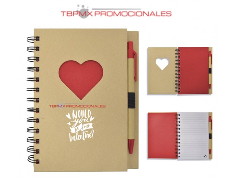 Libreta ecologica carton forma de corazon espiral con boligrafo lovely promocional