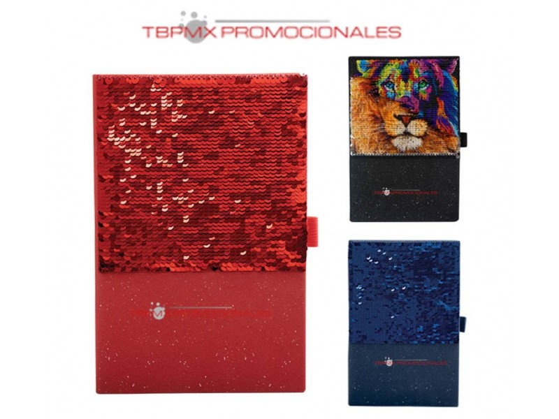 Libreta poliuretano textura brillante lentejuelas reversibles 80 hojas rayadas diamond promocional
