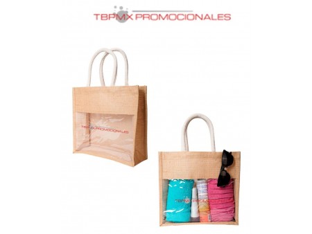 Bolsa de yute laminado asas de algodon ventana transparente balos promocional