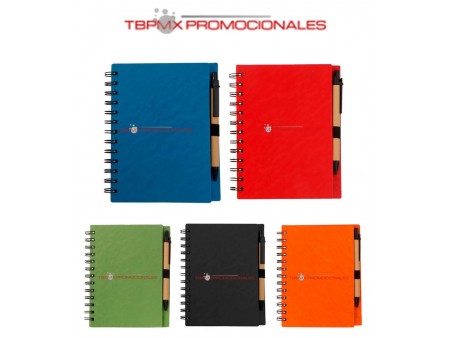 Libreta ecologica carton 70 hojas rayadas espiral con boligrafo roxo promocional