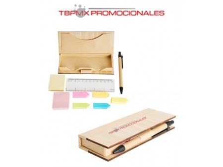 Set ecologico de bambu con notas con boligrafo y regla mony promocional